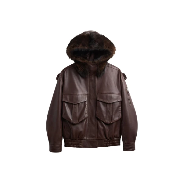 Napa Leather Hooded Jacket in Brown