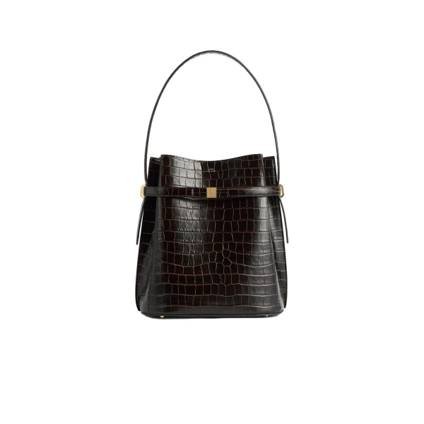 Belted croco-embossed bucket bag in Dark brown