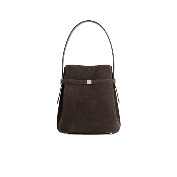 Belted suede bucket bag in Brown
