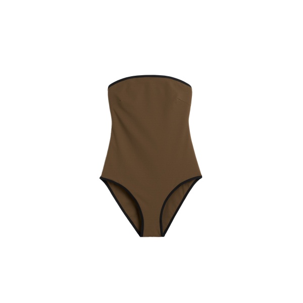 Toteme Stripe edge strapless swimsuit in Walnut