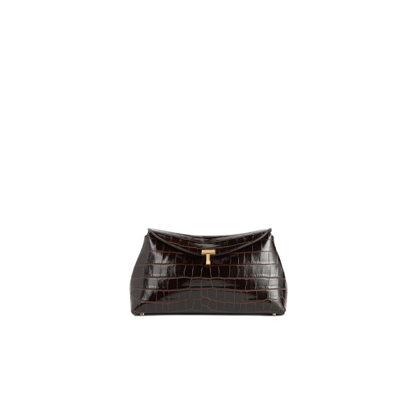 Toteme T-Lock croco-embossed clutch in Dark brown