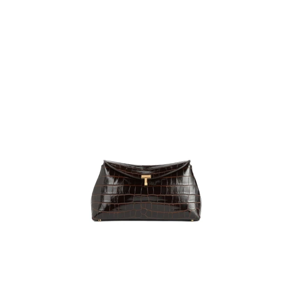 Toteme T-Lock croco-embossed clutch in Dark brown