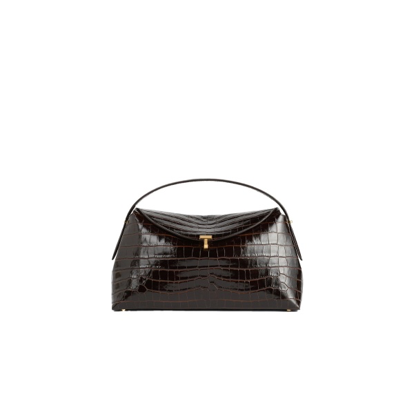 Toteme T-Lock croco-embossed top handle in Dark brown