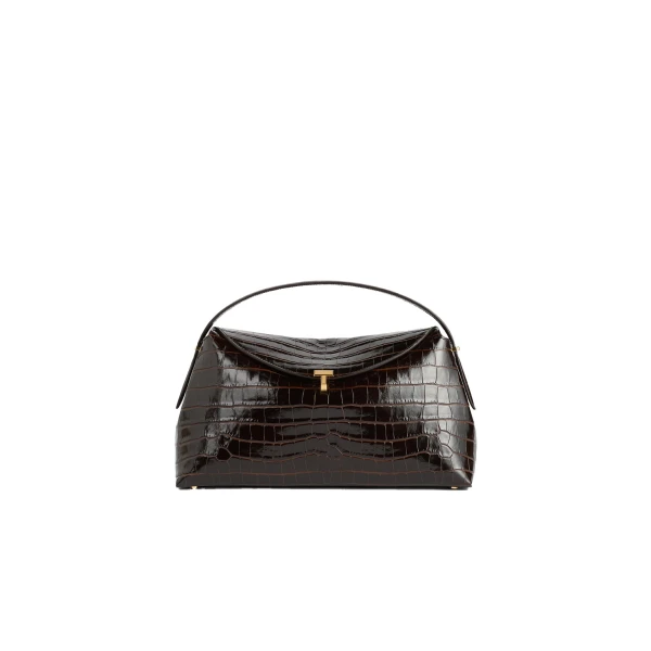Toteme T-Lock croco-embossed top handle in Dark brown