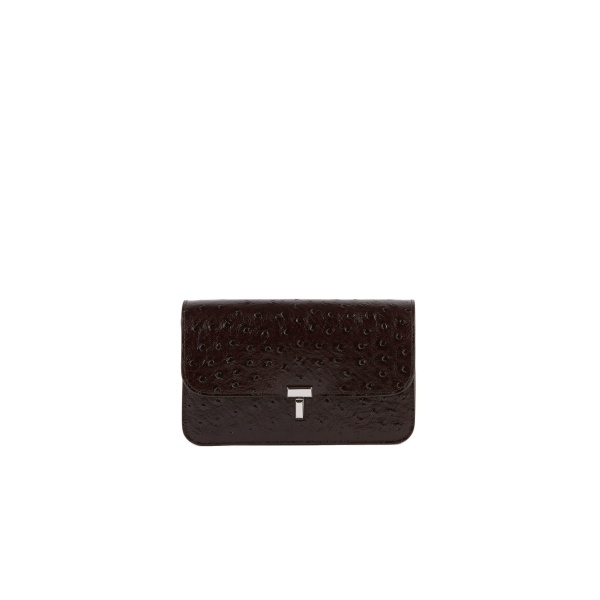 Toteme T-Lock ostrich-embossed crossbody in Bordeaux