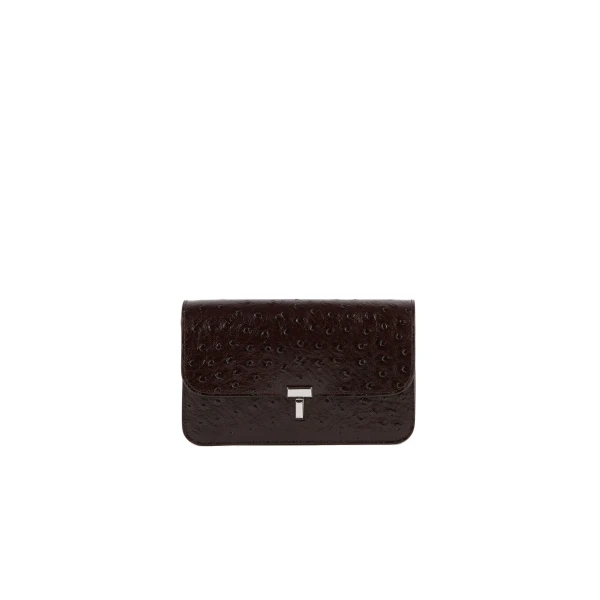 Toteme T-Lock ostrich-embossed crossbody in Bordeaux