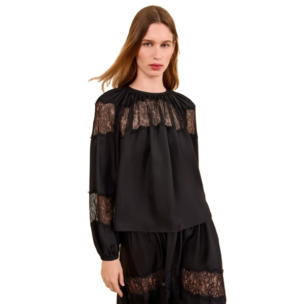 Bess Long Sleeve Silk Blouse in Noir