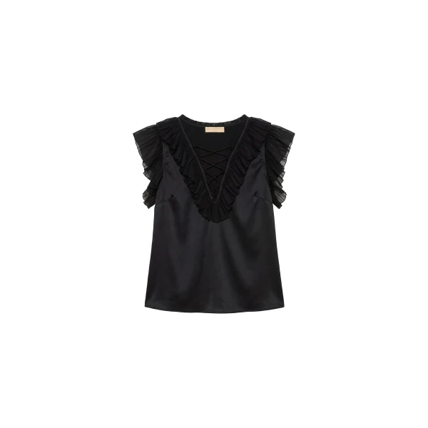 Ilyana Silk Top with Lace Up in Noir