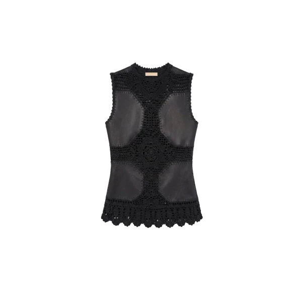 Livia Sleeveless Crochet & Leather Top in Noir