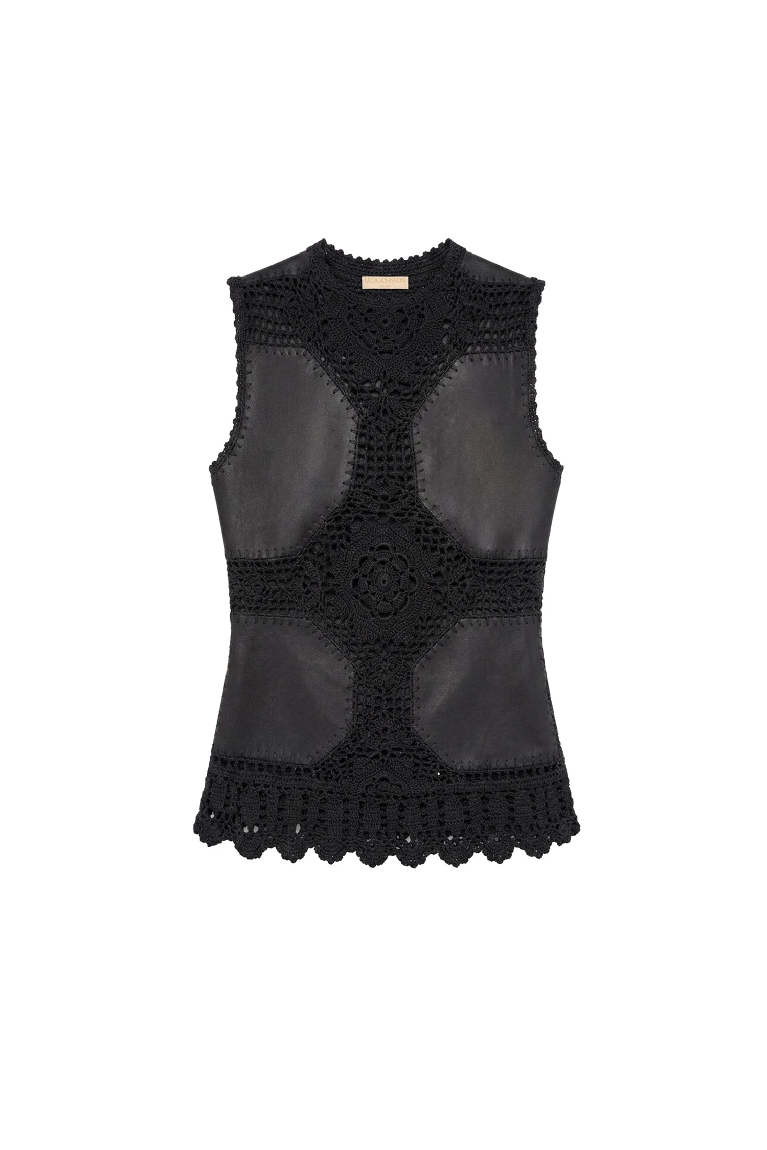 Livia Sleeveless Crochet & Leather Top in Noir