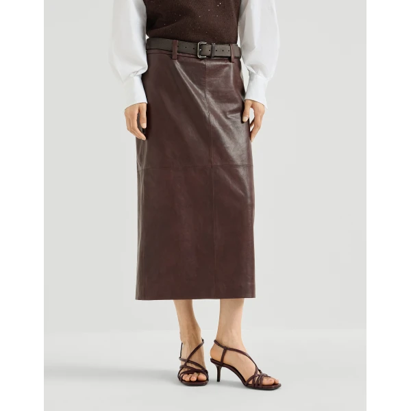 Polished nappa leather pencil skirt