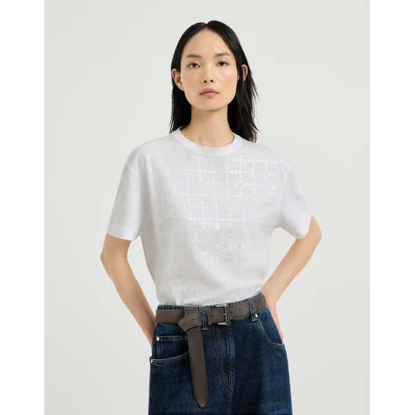 Dazzling windowpane embroidery T-shirt