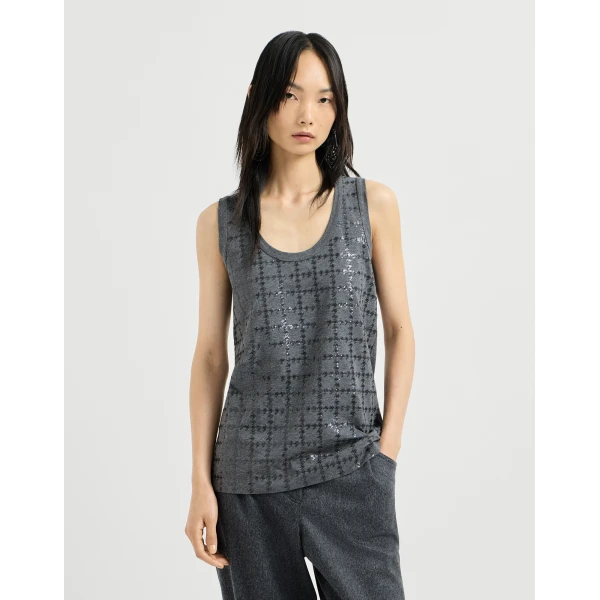 Top with dazzling windowpane embroidery
