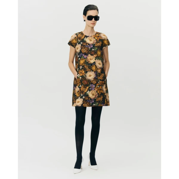 Adam Lippes Agata Dress in Printed Silk Wool, Gold Floral