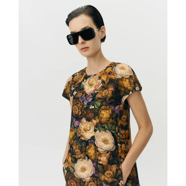 Adam Lippes Agata Dress in Printed Silk Wool, Gold Floral