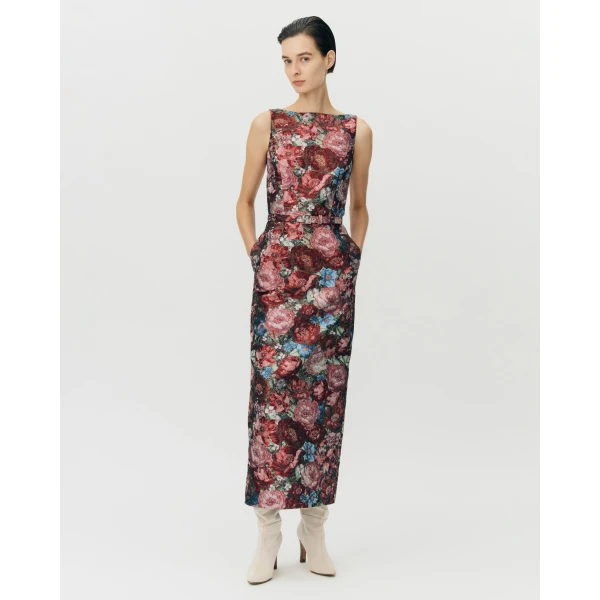 Adam Lippes Dominique Dress in Floral Jacquard, Ruby Floral