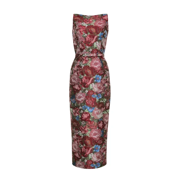 Dominique Dress in Floral Jacquard, Ruby Floral