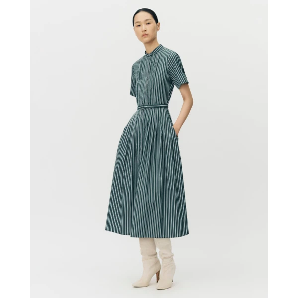 Adam Lippes Doron Dress in Stripe Shirting, Hunter Green White