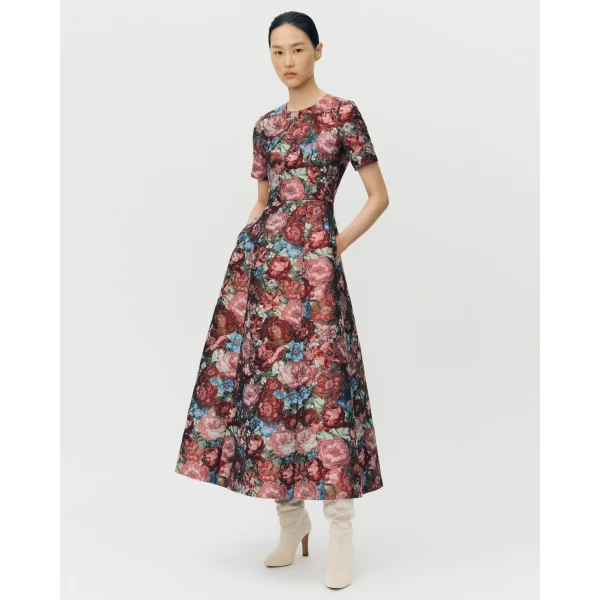Adam Lippes Evangeline Dress in Floral Jacquard, Ruby Floral