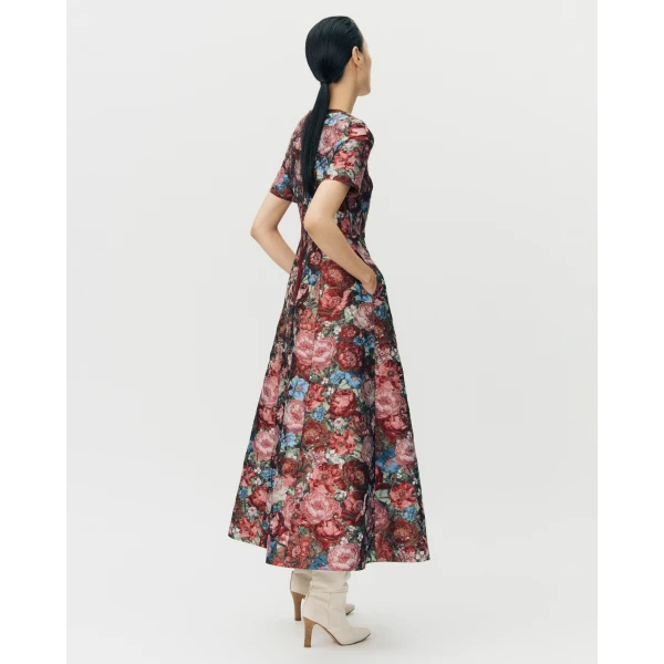 Adam Lippes Evangeline Dress in Floral Jacquard, Ruby Floral