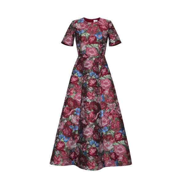 Evangeline Dress in Floral Jacquard, Ruby Floral