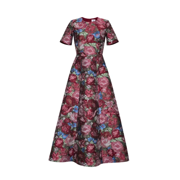 Evangeline Dress in Floral Jacquard, Ruby Floral