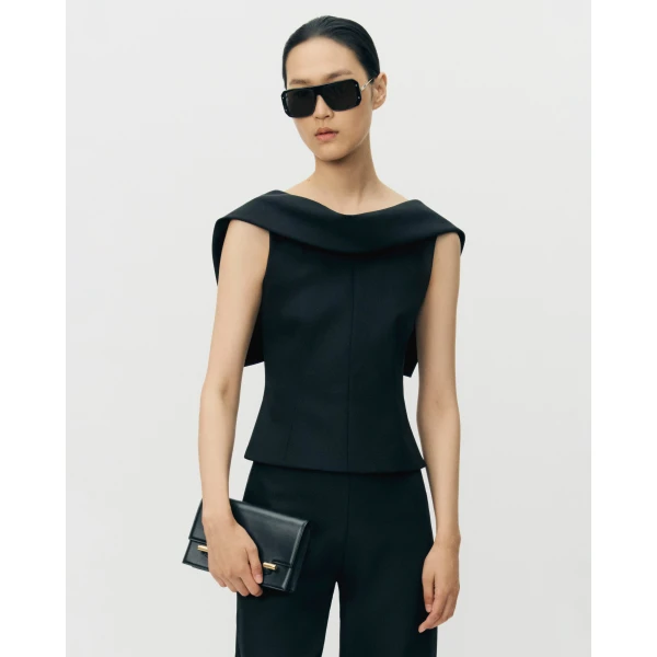 Adam Lippes Fio Top in Stretch Silk Wool, Black