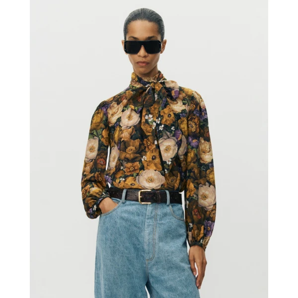 Adam Lippes Joan Top in Printed Silk Crepe De Chine, Gold Floral
