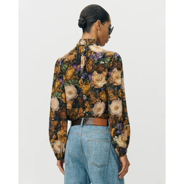 Adam Lippes Joan Top in Printed Silk Crepe De Chine, Gold Floral