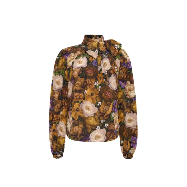 Joan Top in Printed Silk Crepe De Chine, Gold Floral