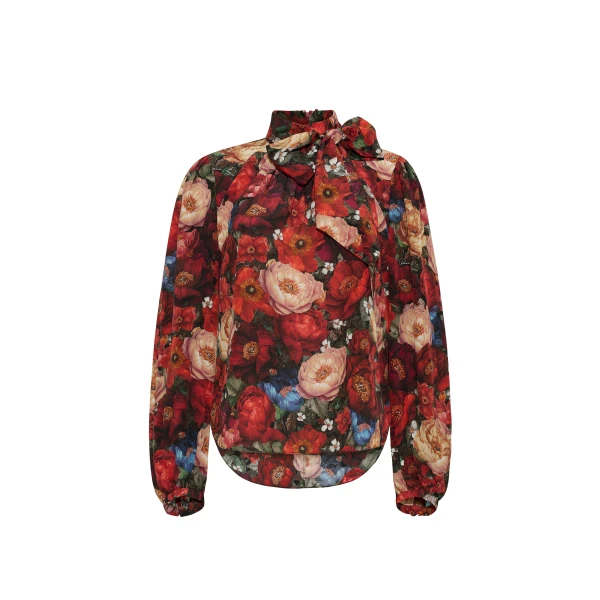 Joan Top in Printed Silk Crepe De Chine, Ruby Floral