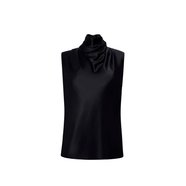 Adam Lippes Kaia Top in Silk Charmeuse, Black | Sleeveless | Coveti