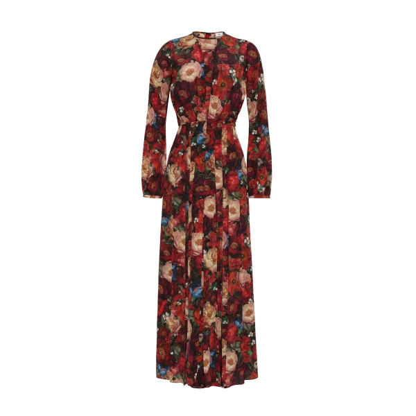 Paravacini Dress in Printed Silk Crepe De Chine, Ruby Floral