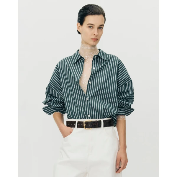 Adam Lippes Perrine Shirt in Stripe Shirting, Hunter Green White