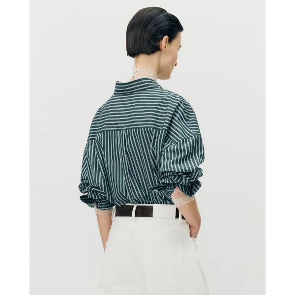 Adam Lippes Perrine Shirt in Stripe Shirting, Hunter Green White