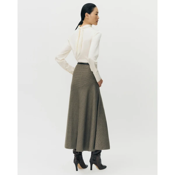 Adam Lippes Tess Skirt in Houndstooth Plaid, Camel Brown