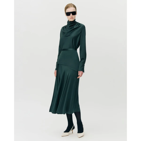 Adam Lippes Tess Skirt in Silk Charmeuse, Hunter Green