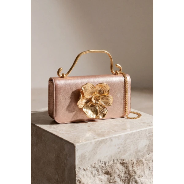 Aje Alessia Flower Clutch in Rose Gold Metallic | Clutch Bags | Coveti