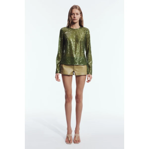 Aje Althira Long Sleeve Sequin Top in Avocado | Tops | Coveti