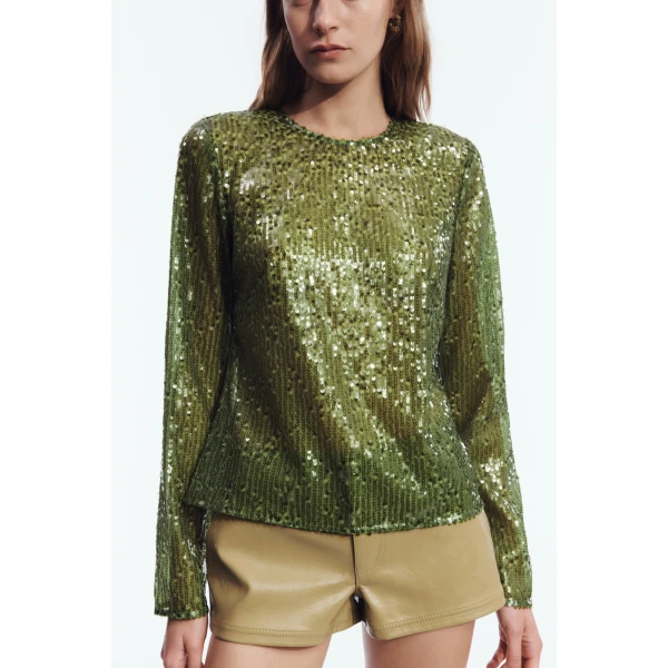 Aje Althira Long Sleeve Sequin Top in Avocado | Tops | Coveti