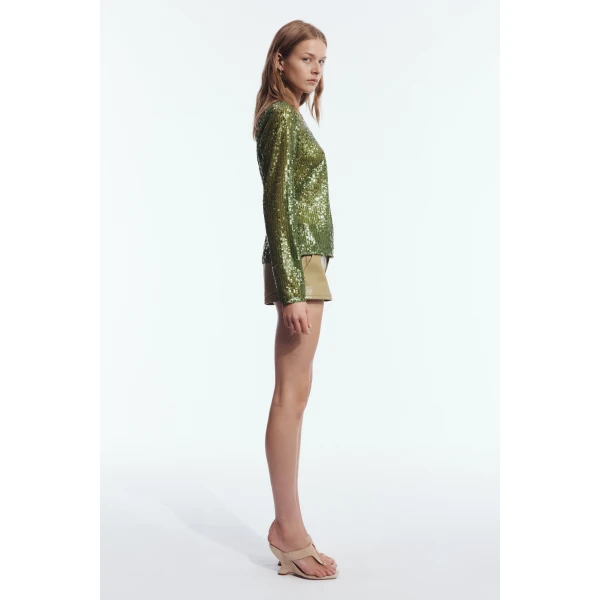 Aje Althira Long Sleeve Sequin Top in Avocado | Tops | Coveti