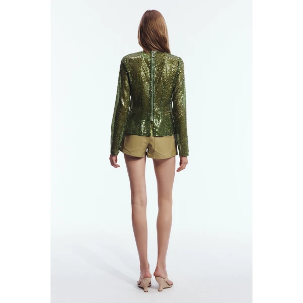 Aje Althira Long Sleeve Sequin Top in Avocado | Tops | Coveti