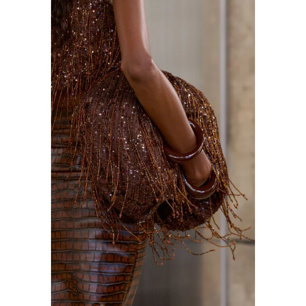 Aje Arden Embellished Clutch in Mahogany | Clutch Bags | Coveti
