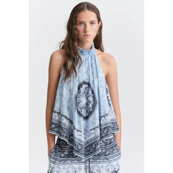 Aje Auralis Scarf Top in Blue Heirloom | Tops | Coveti