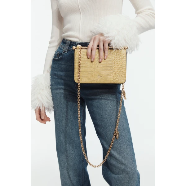 Aje Aviel Evening Bag in Golden Ochre Croc | Shoulder & Crossbody Bags | Coveti