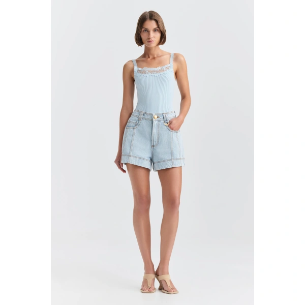 Aje Blaise Denim Short in Light Wash Blue | Shorts | Coveti