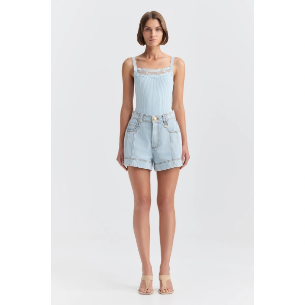 Aje Blaise Denim Short in Light Wash Blue | Shorts | Coveti