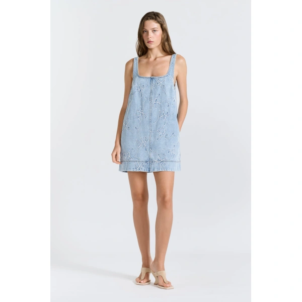 Aje Coast Logo Denim Mini Dress in Light Wash Blue | Mini Dresses | Coveti