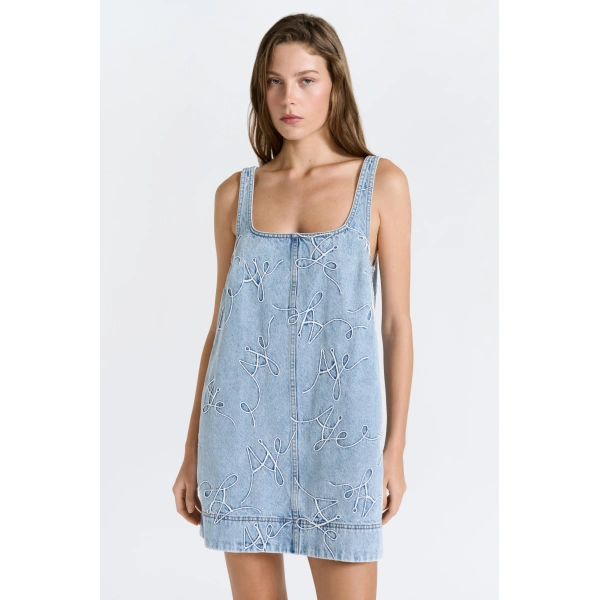 Aje Coast Logo Denim Mini Dress in Light Wash Blue | Mini Dresses | Coveti