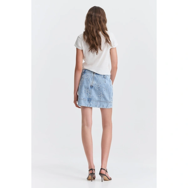 Aje Coast Logo Denim Mini Skirt in Light Wash Blue | Skirts | Coveti